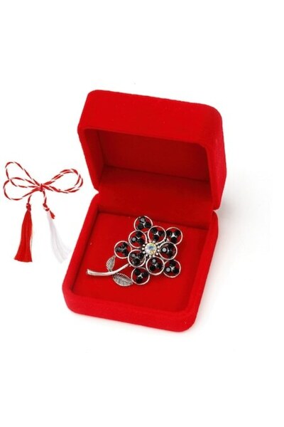 OEM Martisor brosa vintage, floare cu marcasite in cutie de catifea, gri