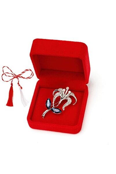 OEM Martisor brosa crin cu strasuri in cutie de catifea, albastru
