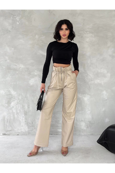 Işıltı kidss Self Thin Belt Leather Pants Beige T1178