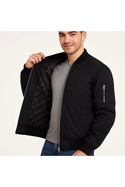 LUMİART Men's Bomber Jacket – Zippered, Quilted Inner Lining, Water-Repellent Fabric, Regular Fit, Long Sleeves.