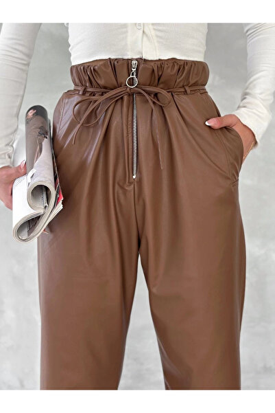 Işıltı kidss Self-thin belted leather pants coffee t1178