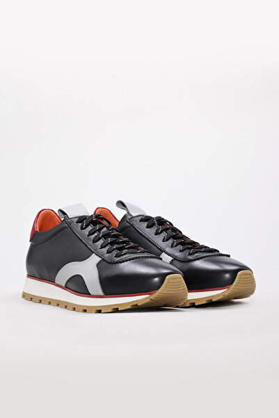 TUGERDİ Black Antique Genuine Leather Eva Sole Lace-Up Men's Sneakers Tg095301312551083