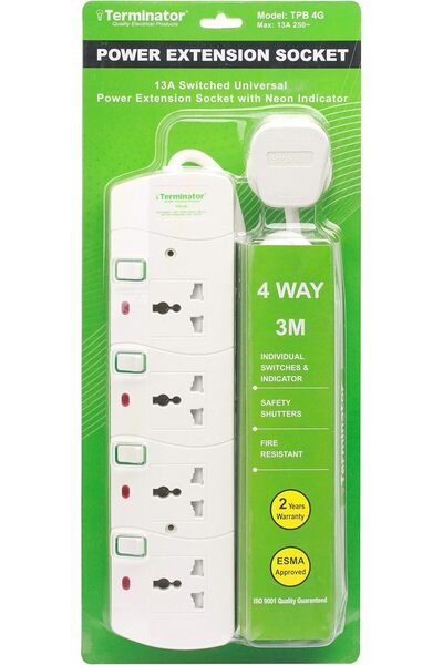 Terminatör Terminator 4 Way Universal Power Extension Socket 13A 3m