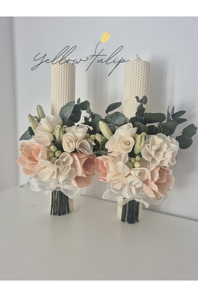 Yellow Tulip Set 2 lumanari cununie/nunta 35 cm, ceara naturala, flori sola n...