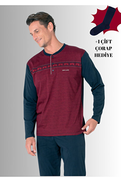 Pierre Cardin %100 Pamuklu Yarım Patlı Uzun Kol Düz Paça Jakarlı Pijama Takımı (Çorap Hediyeli)