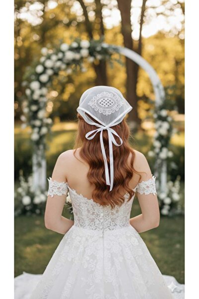 Handmade Betty Bands Transparent Embroidery Detailed Triangle Lace-Up Veil Scarf Belt Bandana