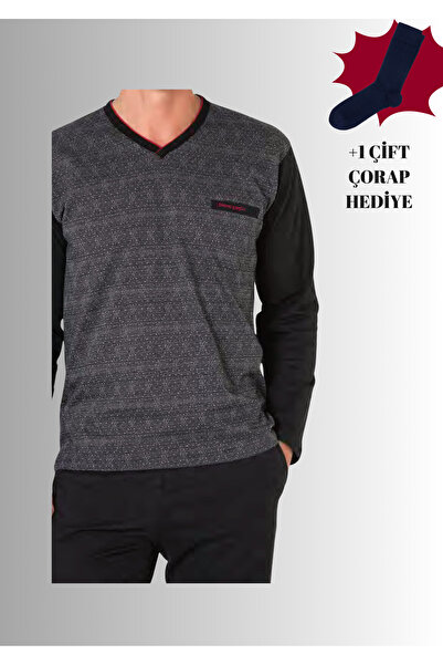 Pierre Cardin %100 Pamuklu V Yaka Uzun Kol Düz Paça Jakarlı Pijama Takımı (Çorap Hediyeli)