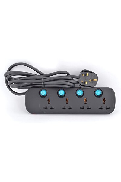 Terminatör Terminator 4 Way Universal Power Extension Socket 3X1.25MM2 Black Body & Blue Switch 5M Cable 13A Pl
