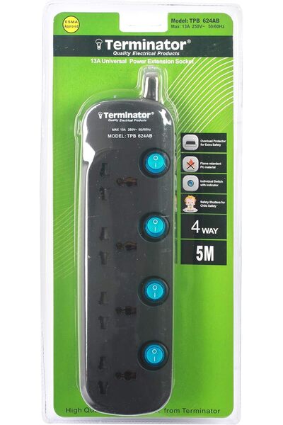 Terminatör Terminator 4 Way Universal Power Extension Socket 3X1.25MM2 Black Body & Blue Switch 5M Cable 13A Pl