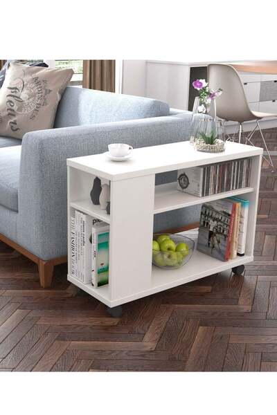 Eleva Home End Table for Living Room Modern with Shelves and Casters, White