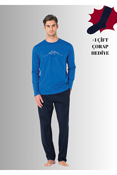 Pierre Cardin %100 Pamuklu Bisiklet Yaka Uzun Kol Düz Paça Pijama Takımı (Çorap Hediyeli)