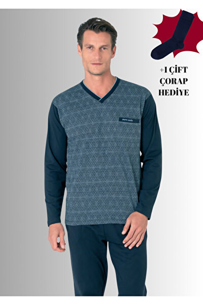 Pierre Cardin 100% бавовняний комплект піжами з V-подібним вирізом, довгими рукавами та прямими штанинами (з шкарпетками в подарунок)