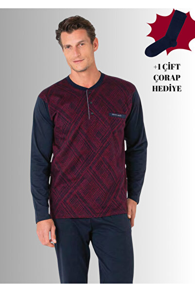 Pierre Cardin %100 Pamuklu Yarım Patlı Uzun Kol Düz Paça Jakarlı Pijama Takımı (Çorap Hediyeli)