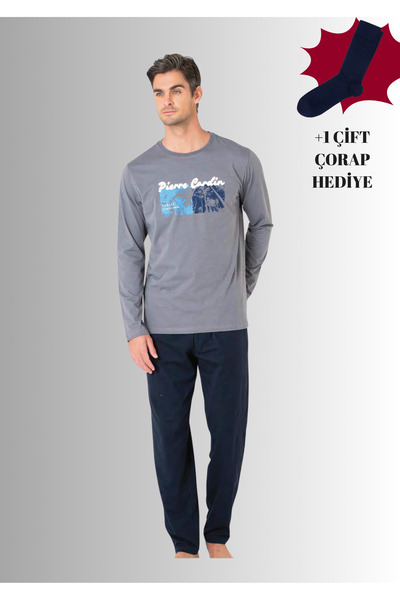 Pierre Cardin 100% Cotton Crew Neck Long Sleeve Straight Leg Pajama Set (with Socks as a Gift)