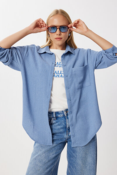 Lovelyİstanbul Oversize Crinkle Knitted Shirt Lub0246 Indigo Blue