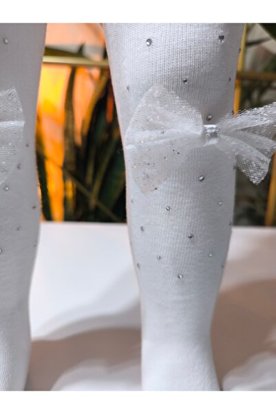 Ekinoks Baby Girl Children's Pantyhose Cotton Stoned Bowknot Scented White