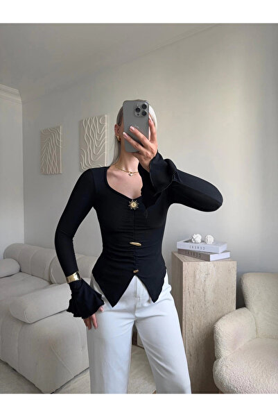 Zora Butik Kolları Volanlı Aksesuar Bluz - SİYAH
