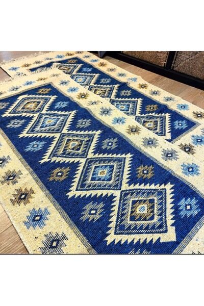 OMS Covor traditional, tesut, doua fete 60×150 cm, romb albastru