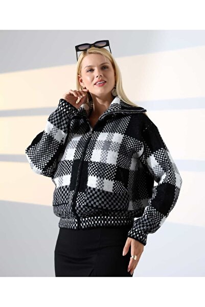 REDMİNA fashion Zippered Plaid Bomber Knit Cardigan