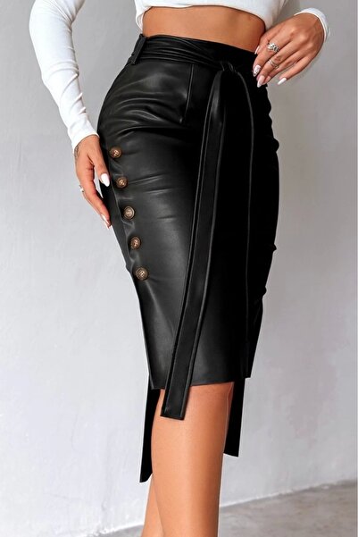 Monapera Γυναικεία μίνι δερμάτινη φούστα με ψηλόμεσο λουράκι με κουμπιά στο πλάι