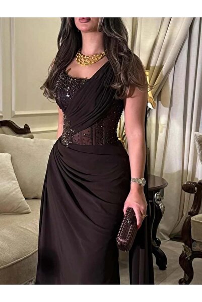 FAYD AL-JAWRI Long brown georgette evening dress with luxurious hand embroidery
