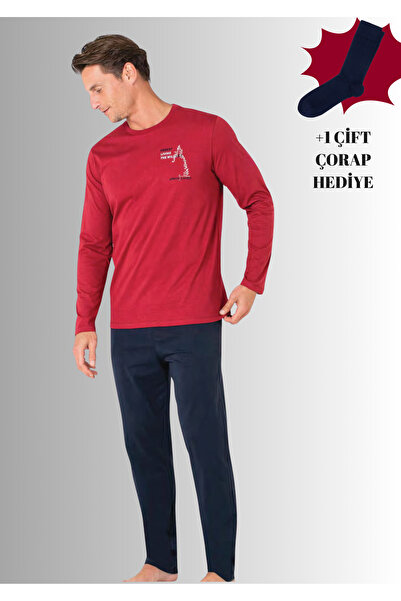 Pierre Cardin 100% Cotton Crew Neck Long Sleeve Straight Leg Pajama Set (with Socks as a Gift)