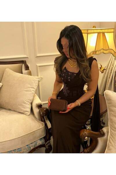 FAYD AL-JAWRI Long brown georgette evening dress with luxurious hand embroidery
