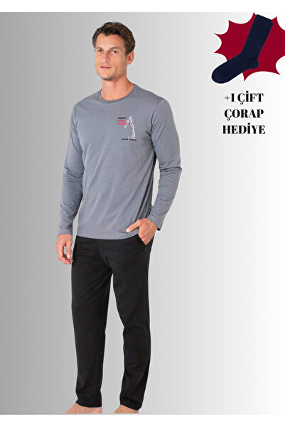 Pierre Cardin 100% Cotton Crew Neck Long Sleeve Straight Leg Pajama Set (with Socks as a Gift)
