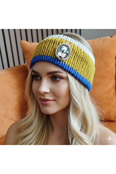 drt tasarım ربطة شعر ذات طبقة مزدوجة باللون الأصفر والأزرق الداكن مع دبوس