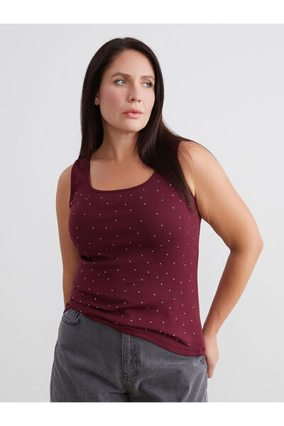 LC Waikiki Burgundy Plus Size U-Neck Rhinestone Women's Tank Top
