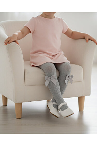 Ekinoks Baby Girl Children's Pantyhose Cotton Bow Ribbed Scented Gray