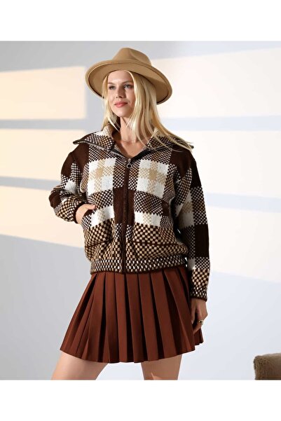 REDMİNA fashion Zippered Plaid Bomber Knit Cardigan