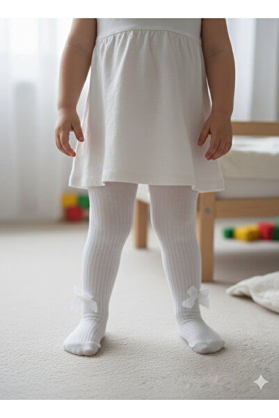 Ekinoks Baby Girl Children's Pantyhose Cotton Bow Ribbed Scented White
