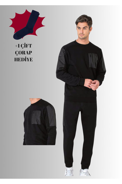 Pierre Cardin 100% Cotton Crew Neck Long Sleeve Slim Leg 3 Thread Tracksuit Set (with Socks as a Gift)