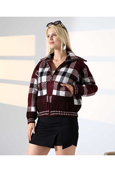REDMİNA fashion Zippered Plaid Bomber Knit Cardigan