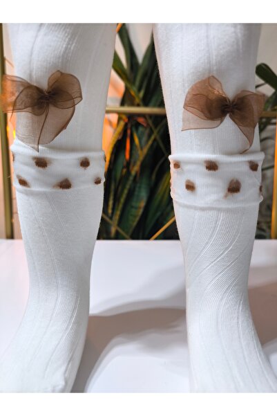 Ekinoks Baby Girl Children's Pantyhose Cotton Bow Tulle Ribbed Scented Beige