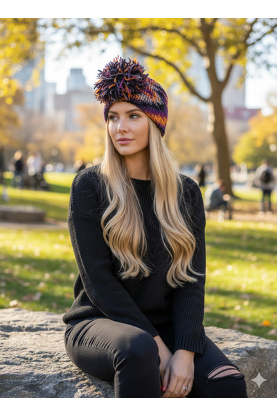 drt tasarım رباط شعر باتيك باللونين البرتقالي والرمادي مع بوم بوم كبير