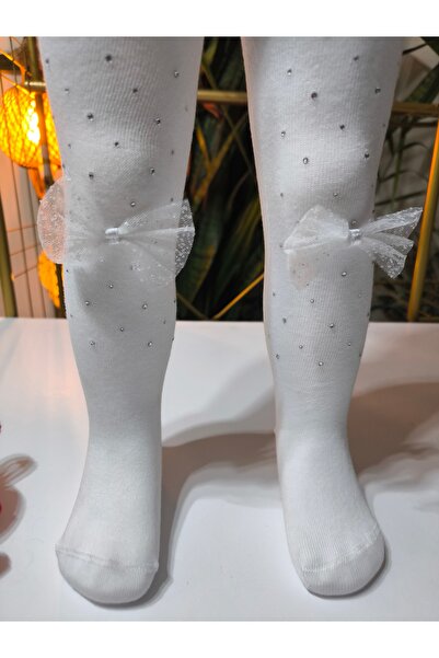 Ekinoks Baby Girl Children's Pantyhose Cotton Stoned Bowknot Scented White