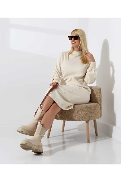 REDMİNA fashion Yüksek Yaka Midi Örme Triko Elbise