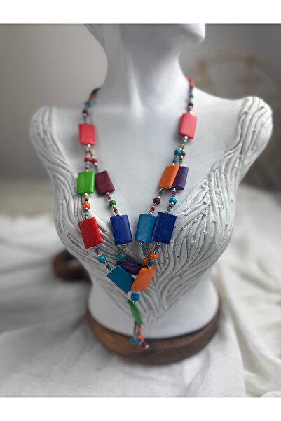 SEDEF TAKI Renkli kemik boncuklu Vintage kolye