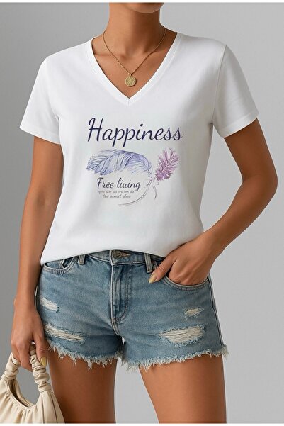 FUFLUNS Γυναικείο μπλουζάκι με λαιμόκοψη σε σχήμα V με στάμπα HAPPINESS