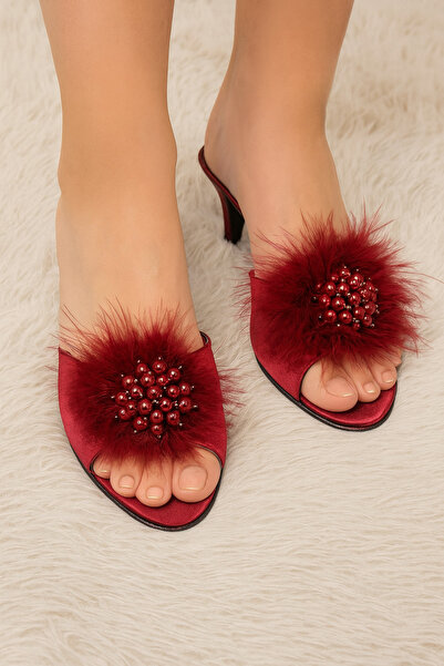 Lienna Women's Burgundy Beaded Feather Heeled Lelin Dowry House Slippers Q2.Lk.3Ck.6T.Rlk