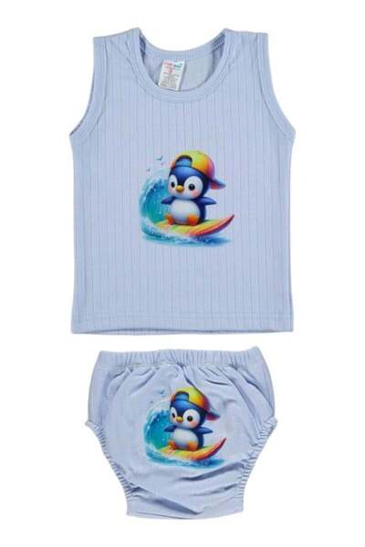 agugu Penguin Pattern Ribbed Tank Top and Panties Set – 2-Piece Children's Underwear Set