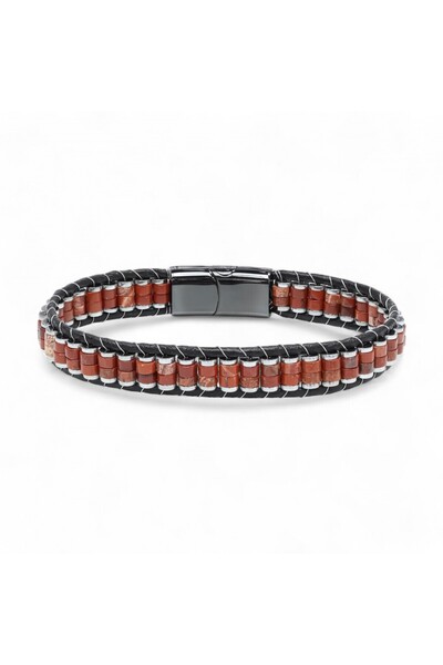 FM Red Jasper & Hematite Steel Braided Leather Bracelet 31832B22D6