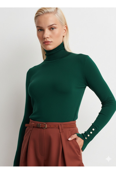 Dilvin Turtleneck Sleeve Drop Sweater-Dark Emerald Green