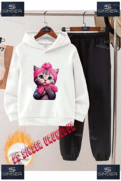 SS SİNSER Children's Unisex Printed Hooded Tracksuit Set with "Cat Half Pink ...