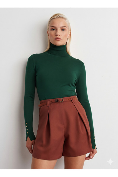 Dilvin Turtleneck Sleeve Drop Sweater-Dark Emerald Green