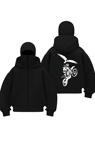 Gofeel Siyah Samurai Skull Baskılı Kar Maskeli Unisex Sweatshirt Hırka