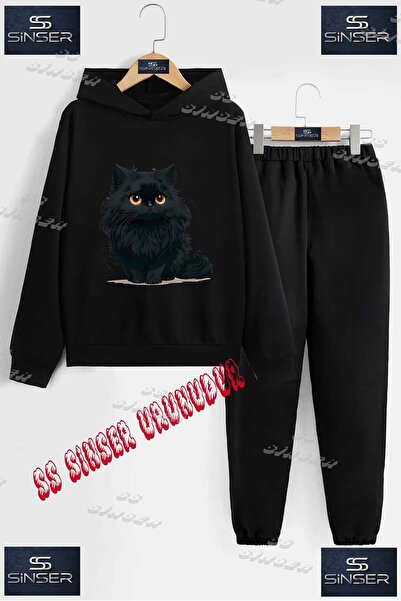 SS SİNSER Детски унисекс комплект спортен екип с качулка и принт „ЧЕРНИ КОТКИ...