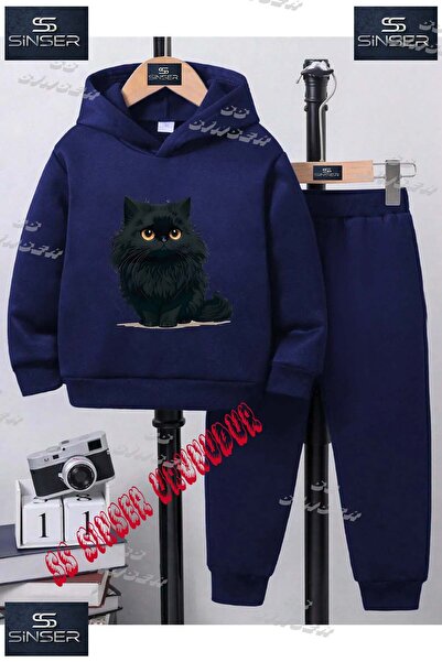 SS SİNSER Детски унисекс комплект спортен екип с качулка и принт „ЧЕРНИ КОТКИ...